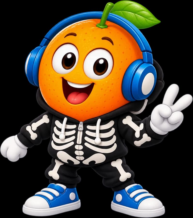 Skeleton orange wearing headphones